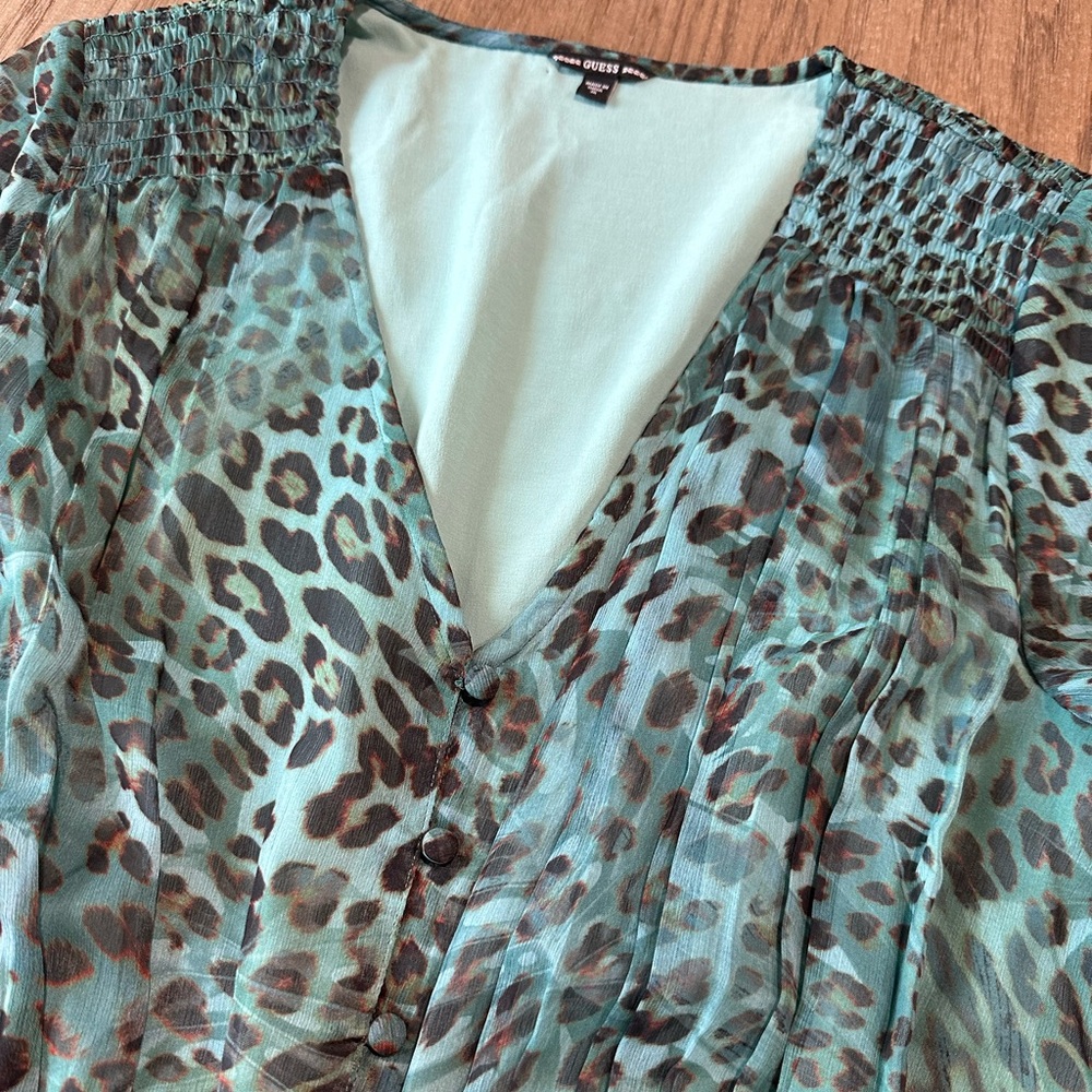 Guess Green Animal Print Long Sleeve V-Neck Midi Dress Size Medium - Picture 6 of 10